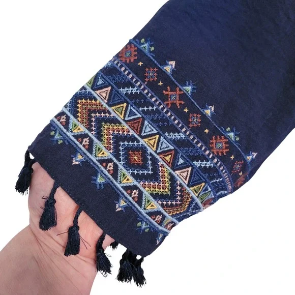 John Mark Blouse Tunic Navy Blue PXL Boho Artsy Embroidered Tassel Wire Collar - Picture 6 of 6